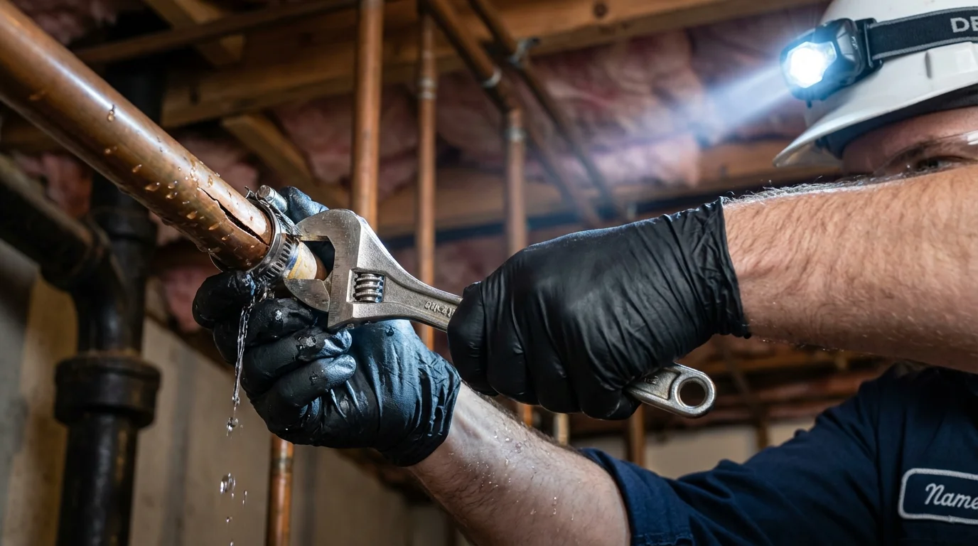 Emergency pipe clamp repair being performed by a Johns Plumbing LLC plumber in Forsyth